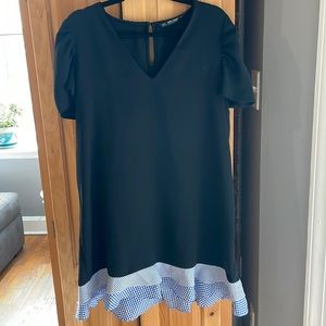 Zara Black Short Sleeve Dress with Blue and White Gingham Ruffle Bottom, XL
